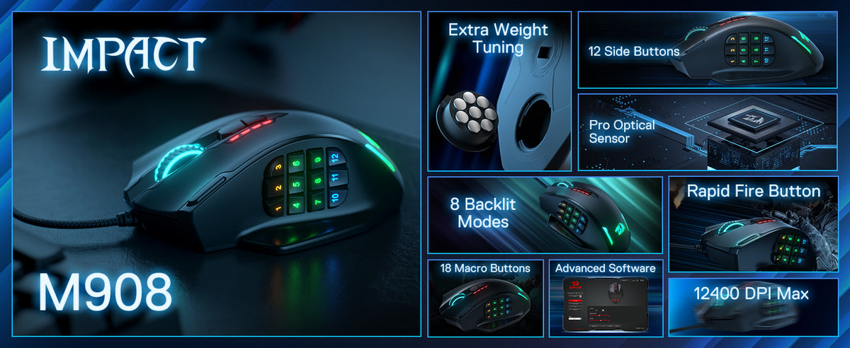 Redragon M908 RGB Backlight LED USB Wired Gaming Mouse 18 Programmable Mouse Buttons 12400 DPI