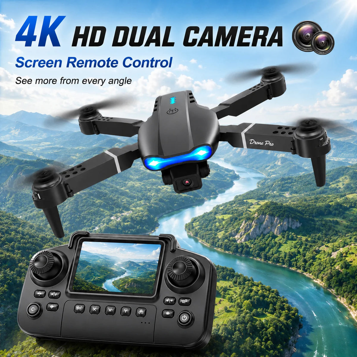 ZNLYRION 4K RC Drone with Screen Remote Control Dual Camera Optical Flow Positioning Obstacle Avoidance Foldable FPV WIFI APP Control One Key Return 360° Flip Quadcopter Toy for Beginners