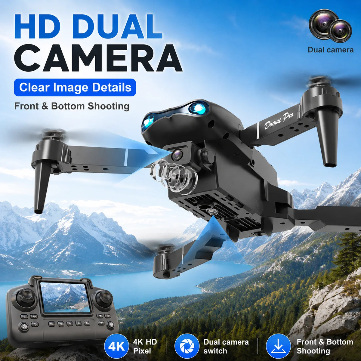 ZNLYRION 4K RC Drone with Screen Remote Control Dual Camera Optical Flow Positioning Obstacle Avoidance Foldable FPV WIFI APP Control One Key Return 360° Flip Quadcopter Toy for Beginners