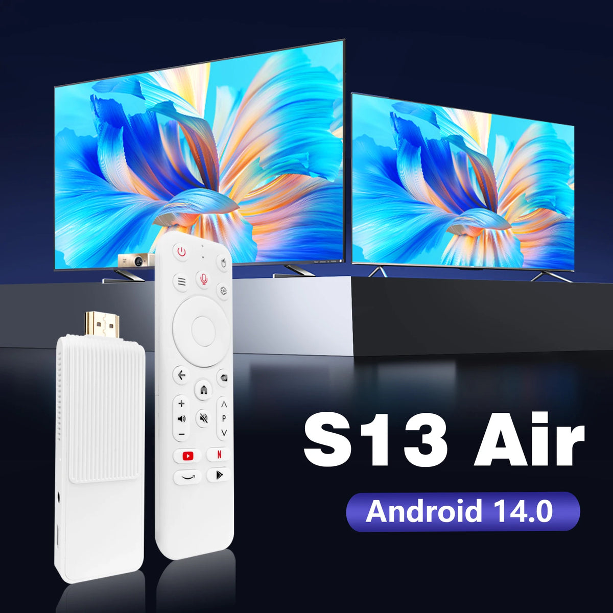 S13 Air Smart TV Stick Android 14 Rockchip RK3518, 2.4G&5G WiFi6 Dual Band, 2GB 16GB ROM 4K HDR Bluetooth Voice Remote Control