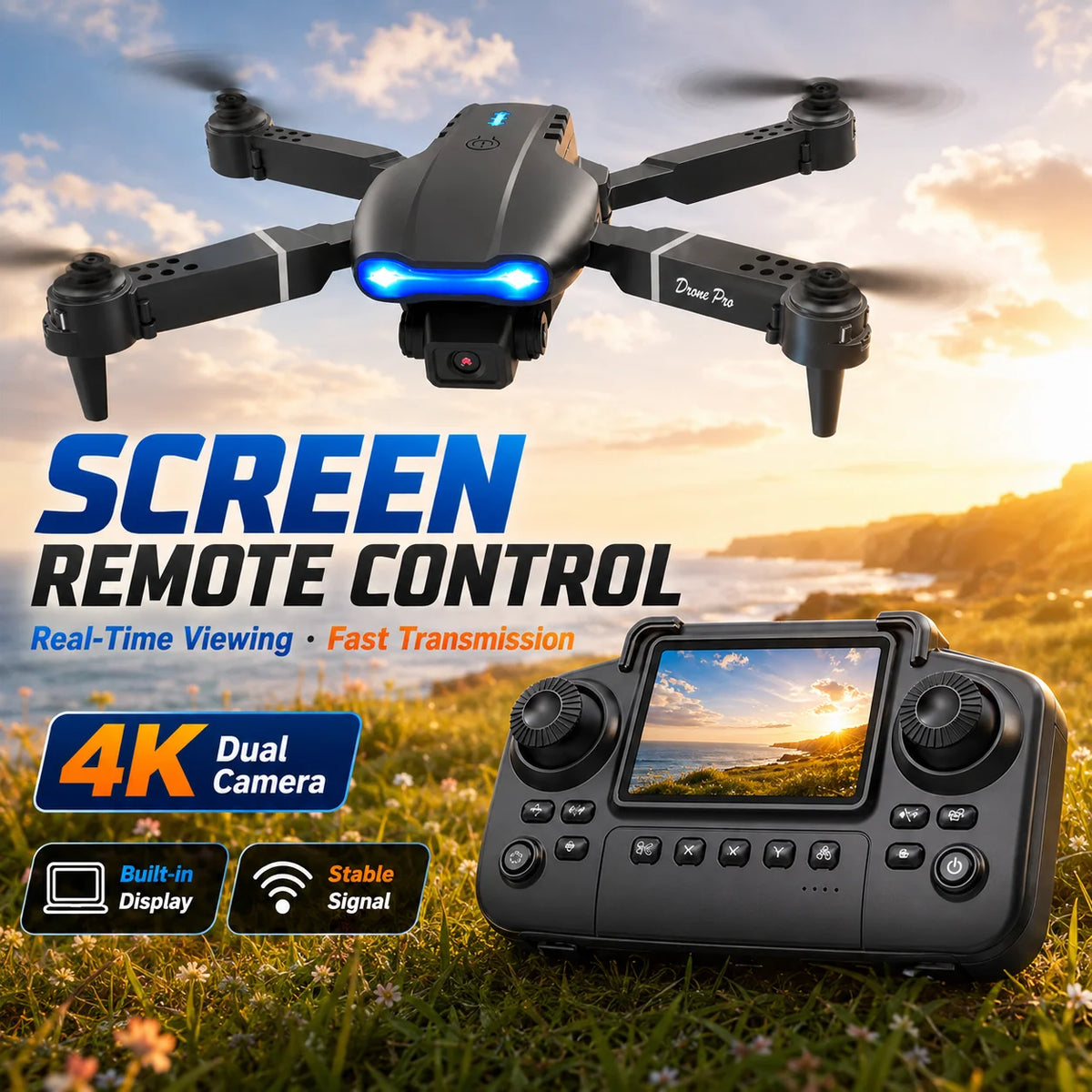 ZNLYRION 4K RC Drone with Screen Remote Control Dual Camera Optical Flow Positioning Obstacle Avoidance Foldable FPV WIFI APP Control One Key Return 360° Flip Quadcopter Toy for Beginners