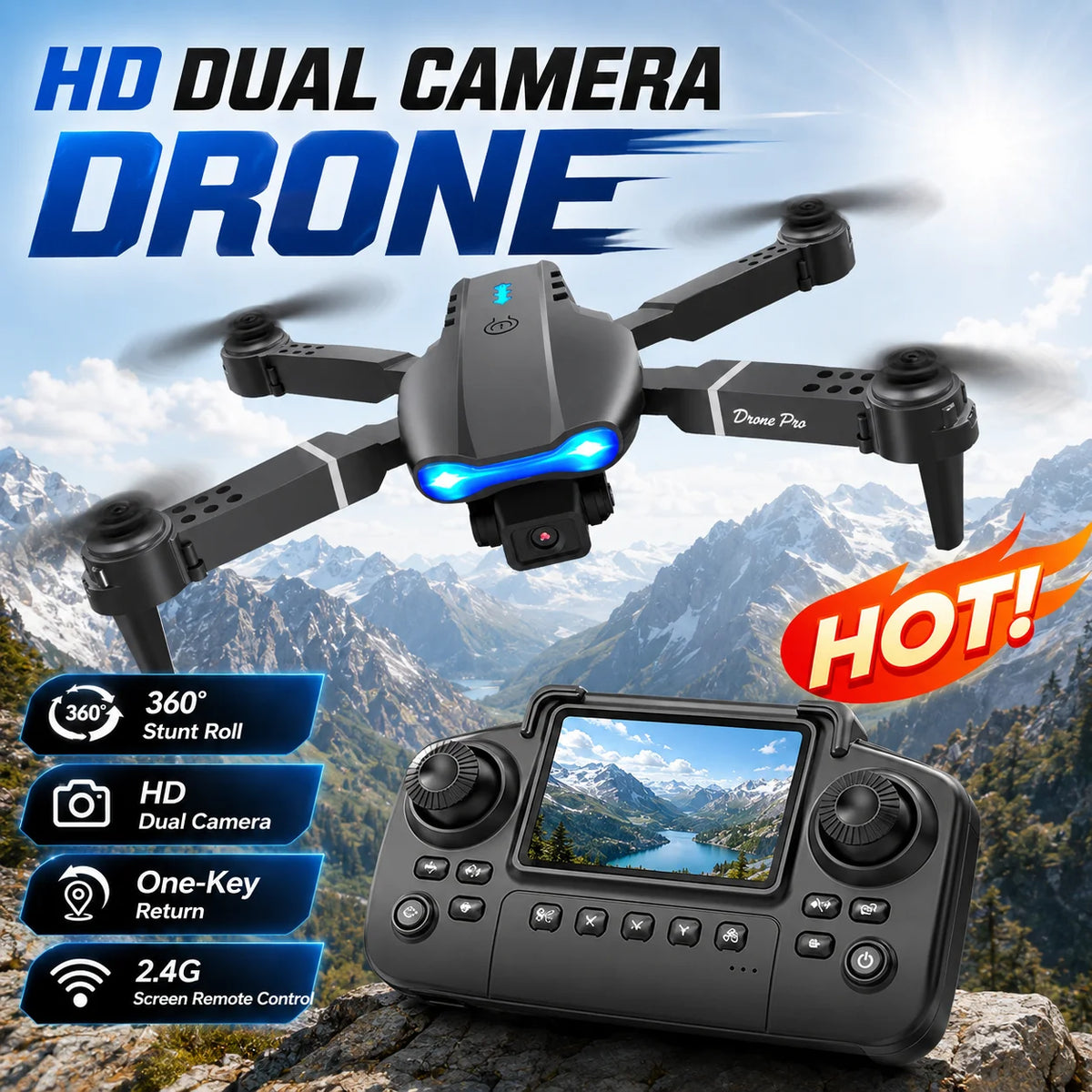 ZNLYRION 4K RC Drone with Screen Remote Control Dual Camera Optical Flow Positioning Obstacle Avoidance Foldable FPV WIFI APP Control One Key Return 360° Flip Quadcopter Toy for Beginners