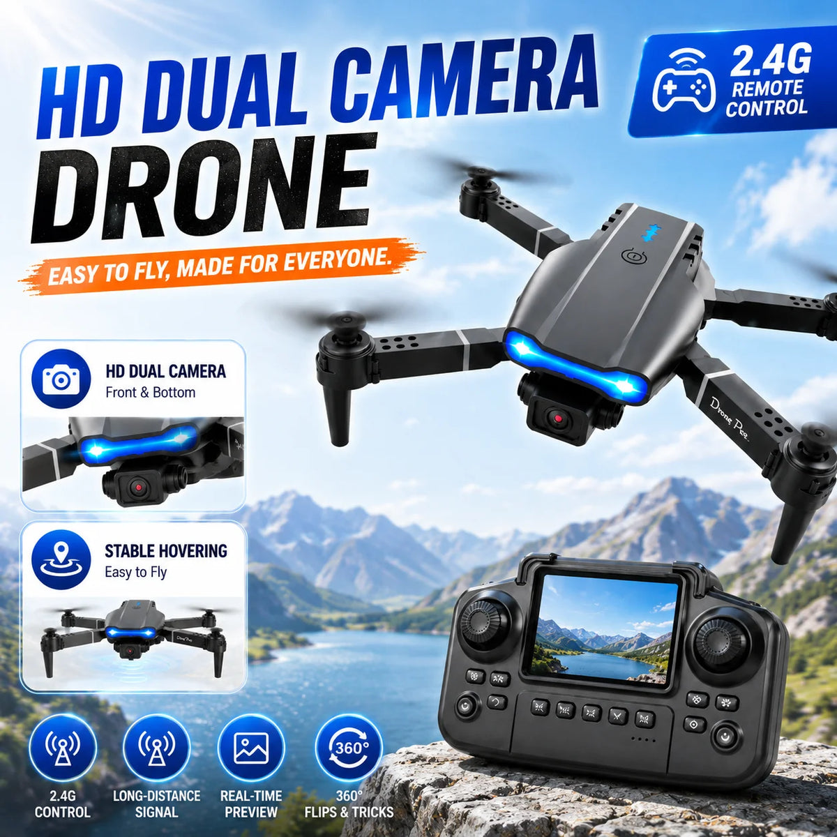 ZNLYRION 4K RC Drone with Screen Remote Control Dual Camera Optical Flow Positioning Obstacle Avoidance Foldable FPV WIFI APP Control One Key Return 360° Flip Quadcopter Toy for Beginners