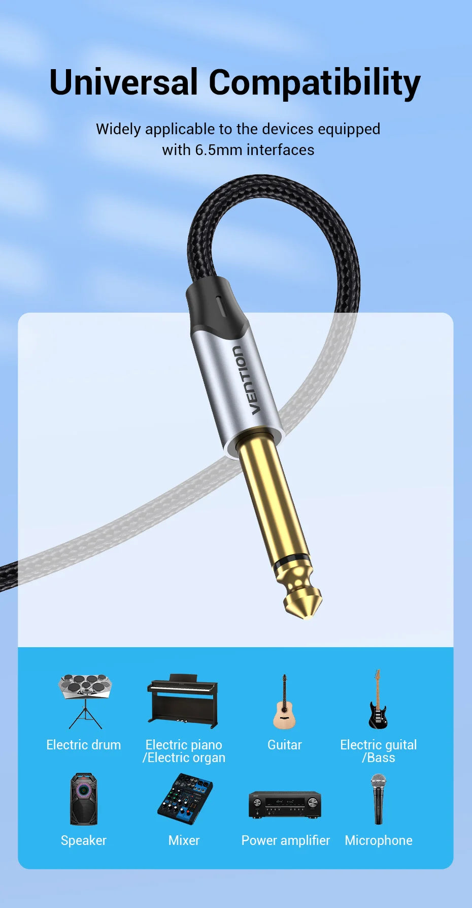 Vention Aux Guitar Cable 6.5 Jack 6.5mm to 6.5mm Audio Cable 6.35mm Aux Cable for Stereo Guitar Mixer Amplifier Speaker cablenew