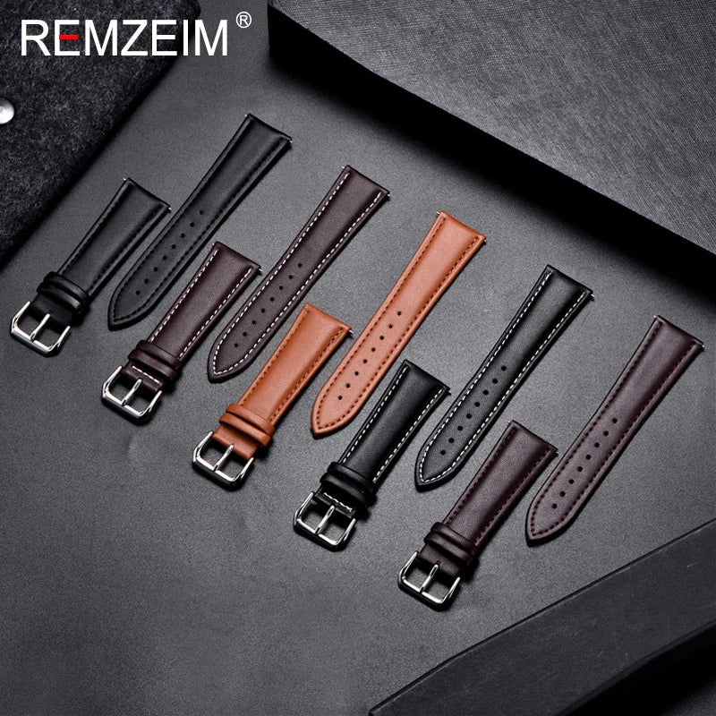 REMZEIM Watch Band Genuine Leather straps Watchbands 18mm 20mm 22mm 24mm Watch Accessories Women Men Brown Black Belt Band
