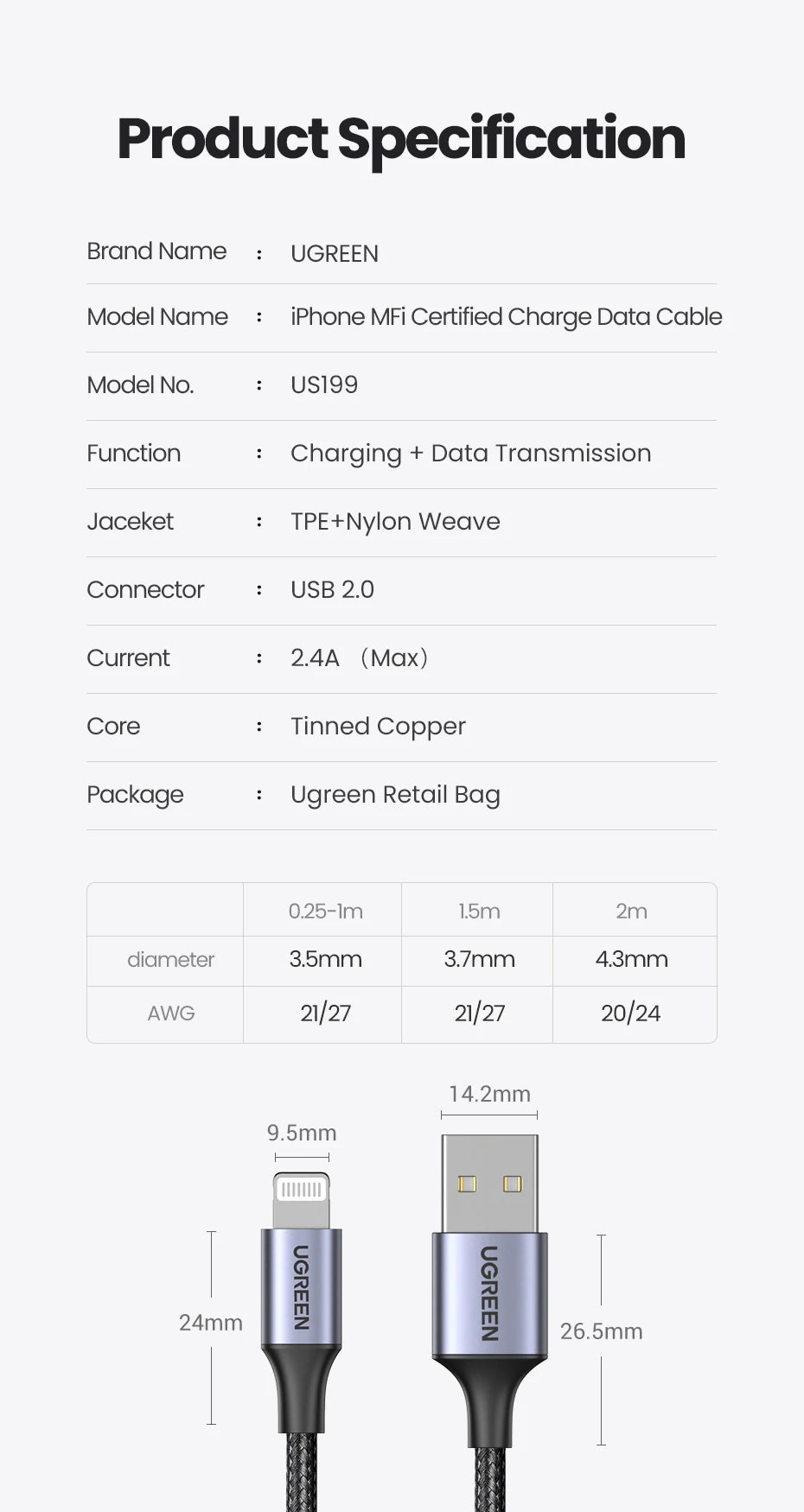 UGREEN MFi For USB Lightning Cable Charger For APPLE iPad iPhone 14 13 11 8 12W Fast charging data Braided short long Carplay 2m