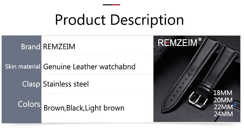 REMZEIM Watch Band Genuine Leather straps Watchbands 18mm 20mm 22mm 24mm Watch Accessories Women Men Brown Black Belt Band