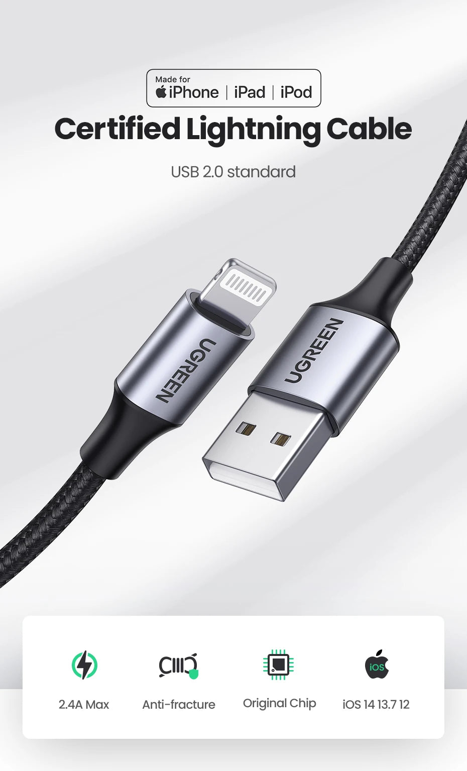 UGREEN MFi For USB Lightning Cable Charger For APPLE iPad iPhone 14 13 11 8 12W Fast charging data Braided short long Carplay 2m