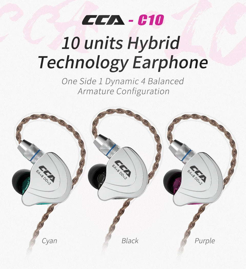CCA-C10 HiFi Headphones 4BA+1DD Hybrid Technology Music Sports Gaming Earphones Detachable Cable 2pin 0.75mm Wired Earbuds
