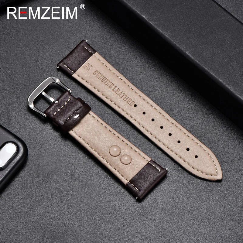 REMZEIM Watch Band Genuine Leather straps Watchbands 18mm 20mm 22mm 24mm Watch Accessories Women Men Brown Black Belt Band