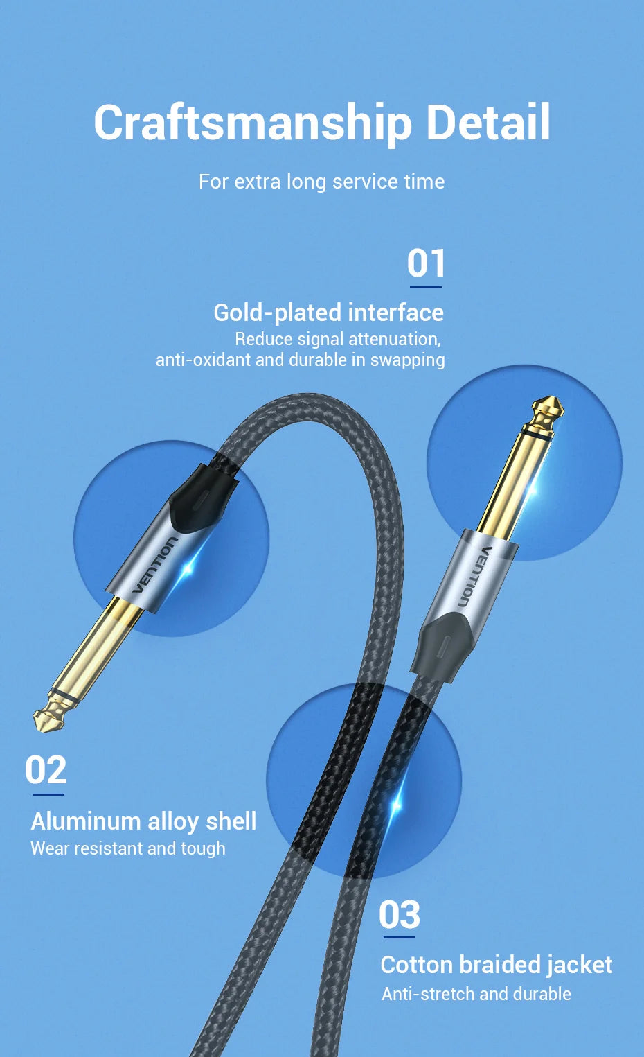 Vention Aux Guitar Cable 6.5 Jack 6.5mm to 6.5mm Audio Cable 6.35mm Aux Cable for Stereo Guitar Mixer Amplifier Speaker cablenew