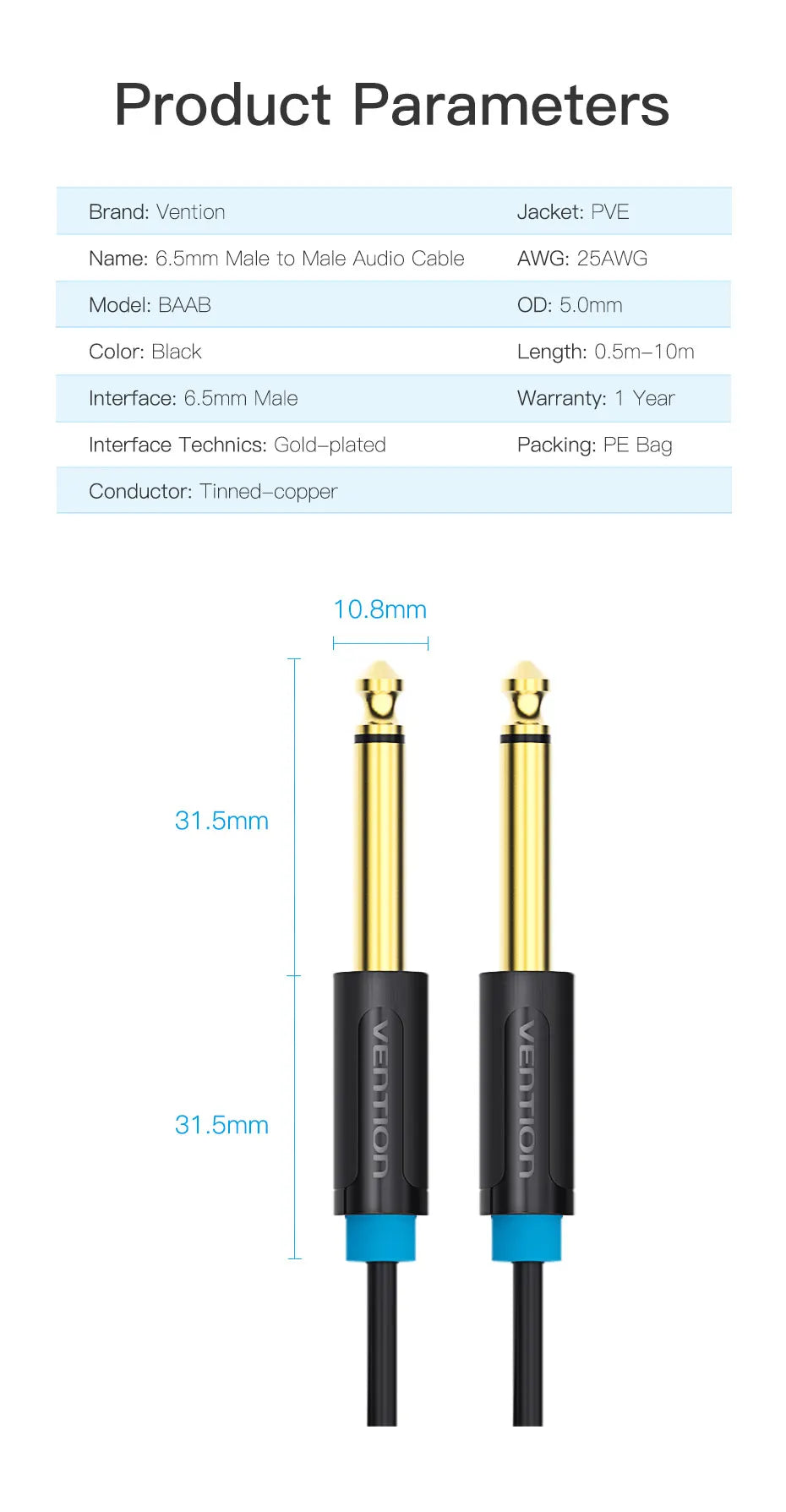 Vention Aux Guitar Cable 6.5 Jack 6.5mm to 6.5mm Audio Cable 6.35mm Aux Cable for Stereo Guitar Mixer Amplifier Speaker cablenew