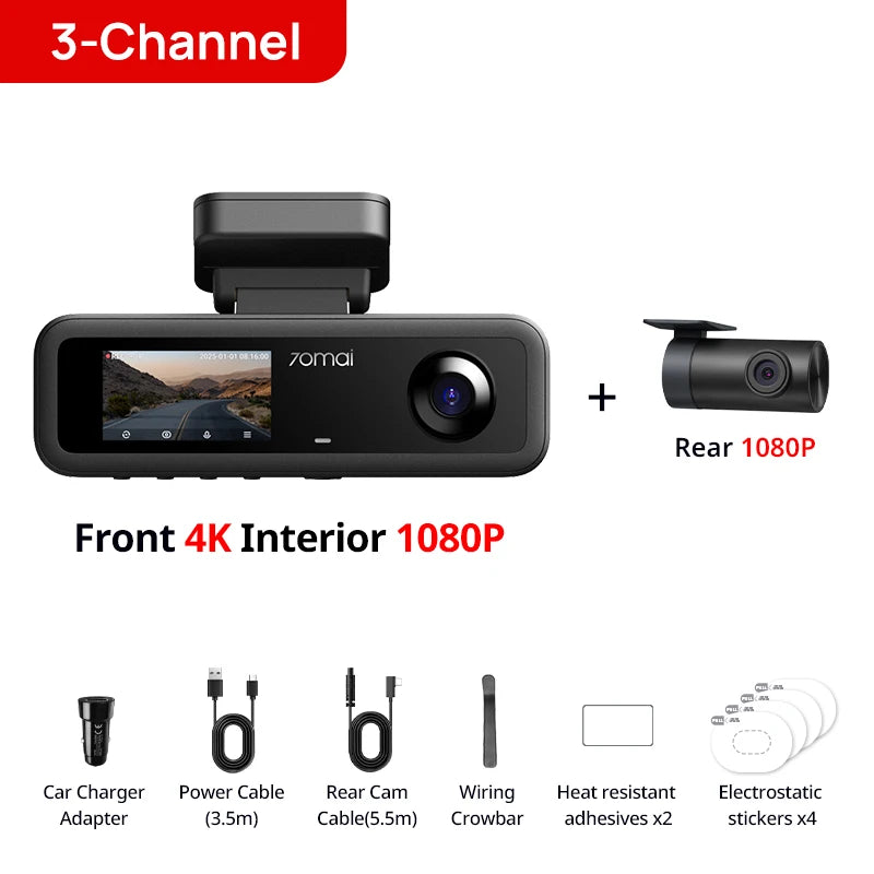 70mai T800E 3-Channel Dash Cam, 4K HDR f/1.55 Built-in GPS Voice Control, Supercapacitor 24H Parking Mode 3-in-1 Car Camera