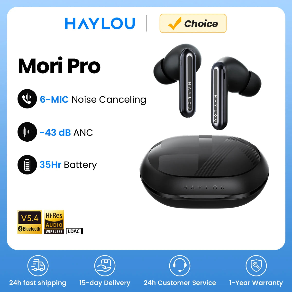 HAYLOU Mori Pro Bluetooth 5.4 Earphones Wireless 43dB Adaptive Hybrid ANC Hi-Res LDAC Earbuds 6 Mic Headphones 28H Battery Life