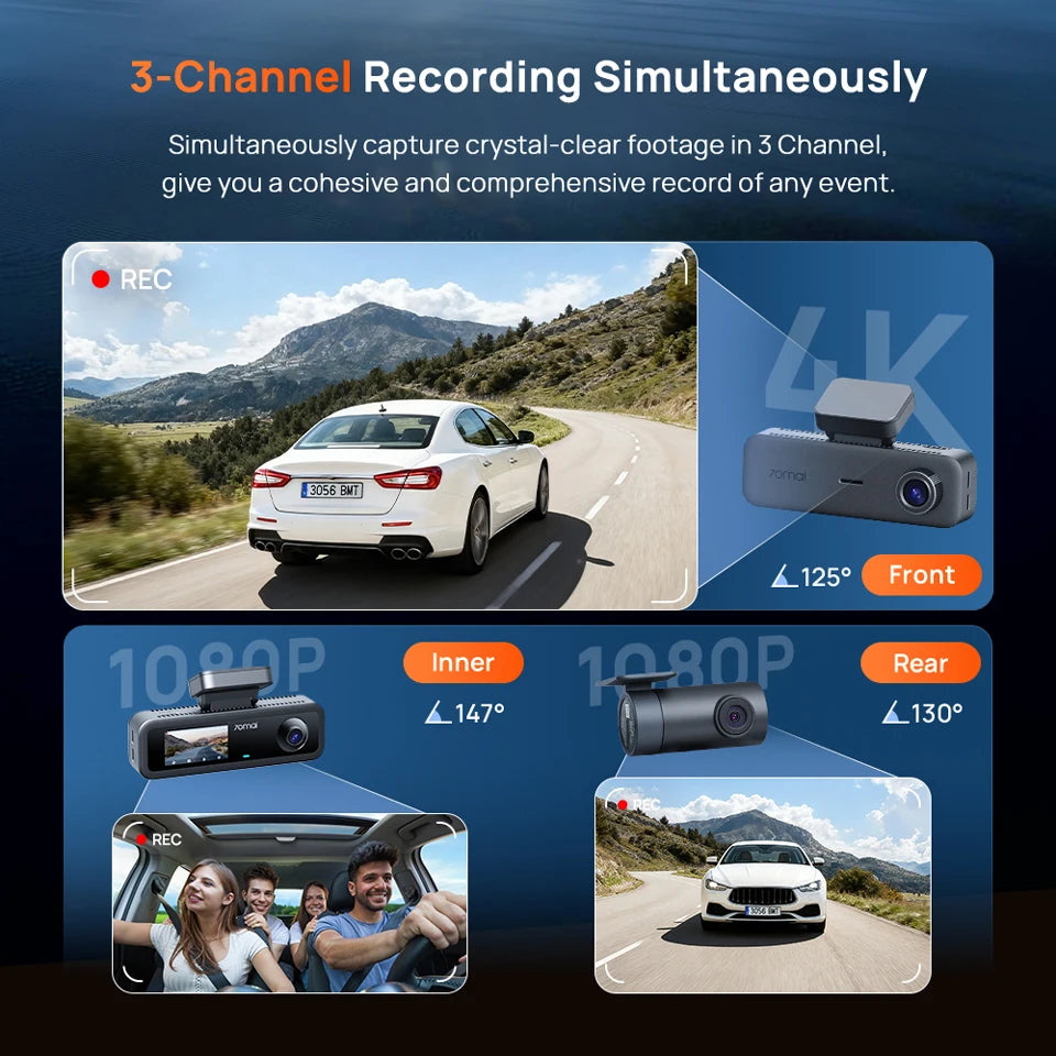 70mai T800E 3-Channel Dash Cam, 4K HDR f/1.55 Built-in GPS Voice Control, Supercapacitor 24H Parking Mode 3-in-1 Car Camera