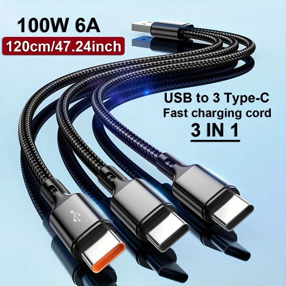 240W USB C Phone Charger Fast Charging Wall Adapters 100W 6A 3 In 1 USB-A to 3 ×Type-C Data Cables For iPhone 15 Samsung Xiaomi