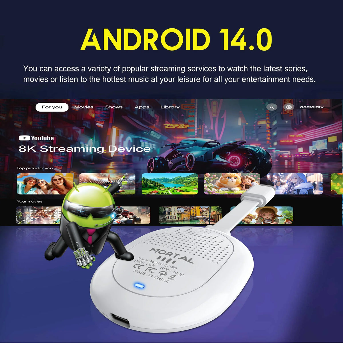 Q2 Ultra Android 14 TV Stick 4K Ultra HD Dual Band WiFi 2.4G/5G Bluetooth 5.0 Quad Core Smart Media Player Dongle