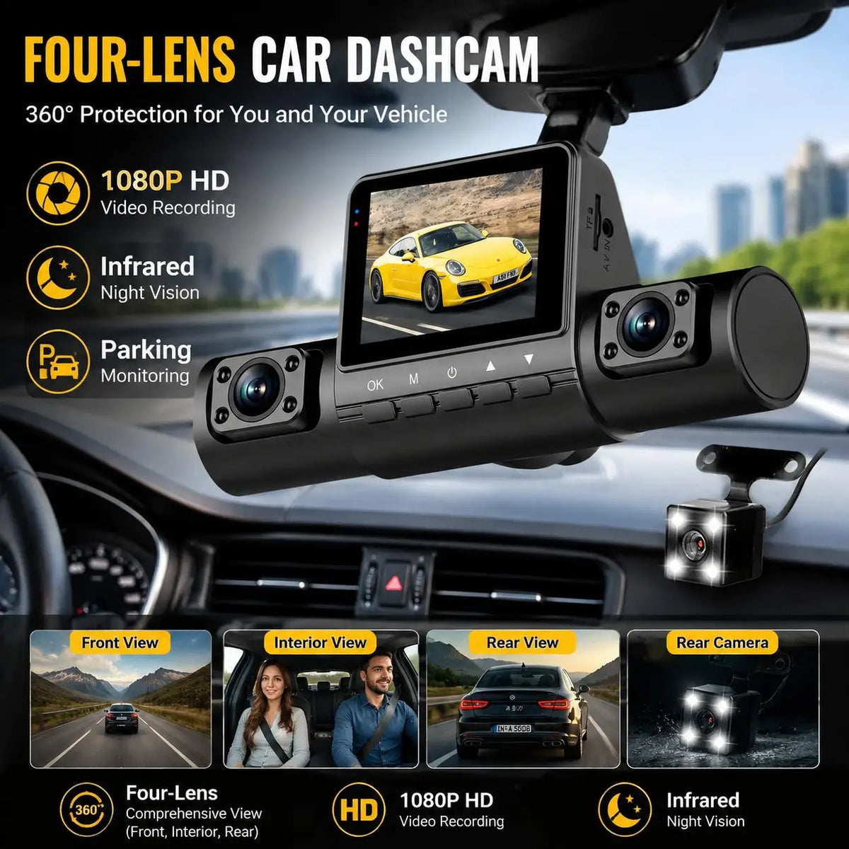 4 Lens Dash Cam 1080P Full HD 360 Degree View Car DVR 3.16 Inch IPS Screen Night Vision G Sensor Loop Recording Parking Monitor Wide Angle Laptop Connection Dashboard Camera for Complete Interior Exterior Safety Professional