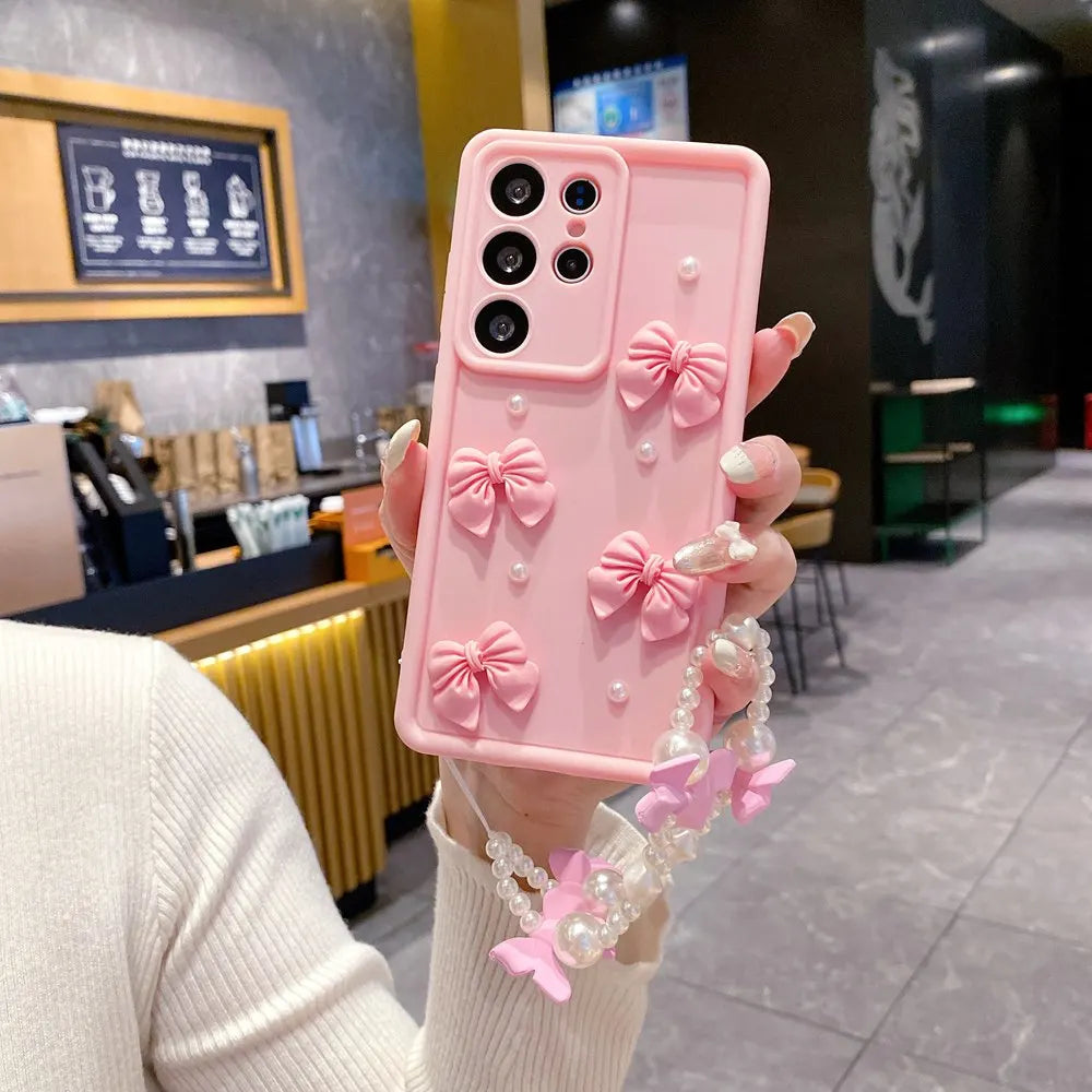 3D Pearl Pink Bow Lanyard Phone Case For Samsung Galaxy S25 S24 Ultra S23 S22 S21 Plus A53 A54 Bracelet Wrist Strap Soft Cover