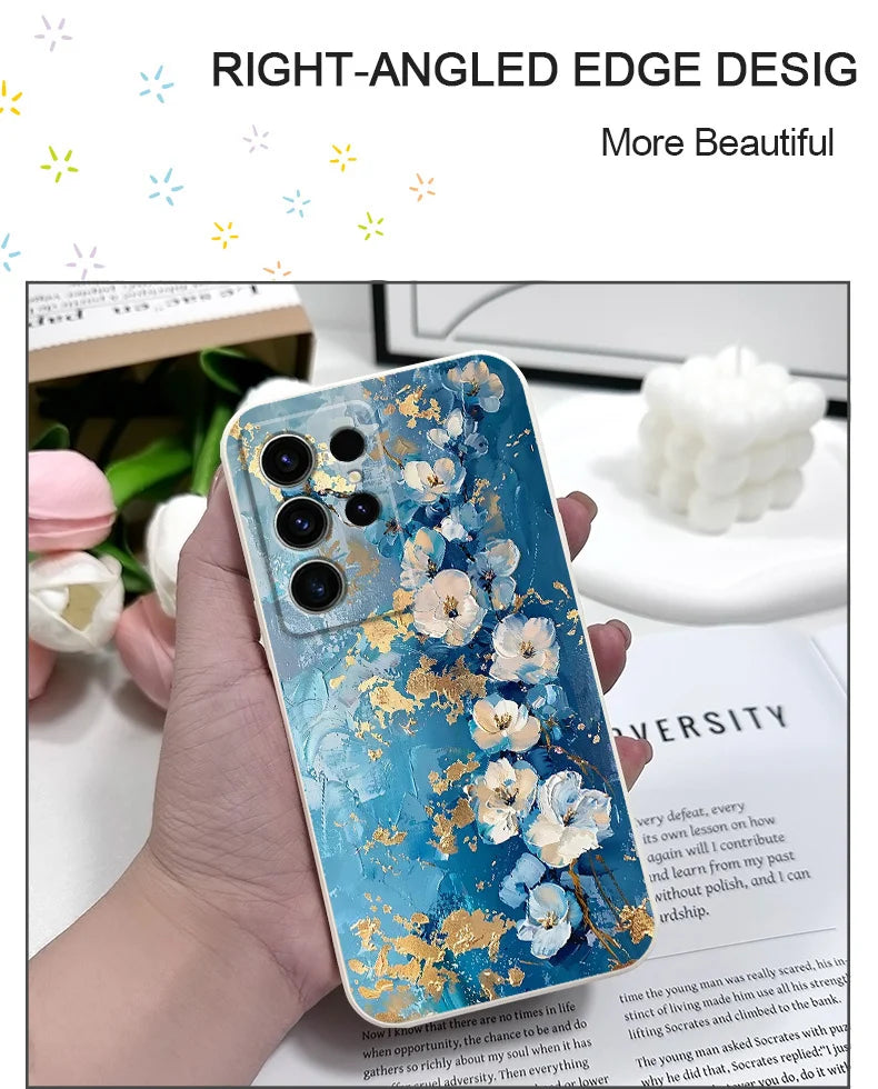 Gold Leaf Flower Phone Case For Samsung Galaxy S25 FE S24 S23 S22 S21 S20 S10 S10E Ultra Plus FE Note 20 Ultra Plus Cover