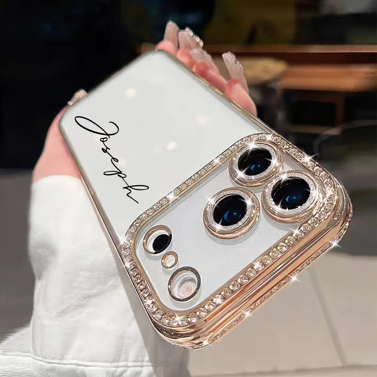  Custom Letters Name Starry Orange Rhinestone Glitter Frame Clear Phone Case For Iphone 13 14 15 16 17 18 Pro Max Air