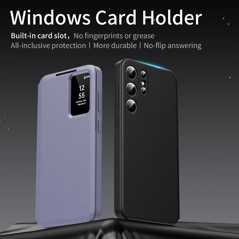 Premium Leather S-view LED Dispaly Window Leather Case For Samsung S26 Ultra S25 Edge S24 S23 S22 FE Plus A57/37 Card-slot Cover