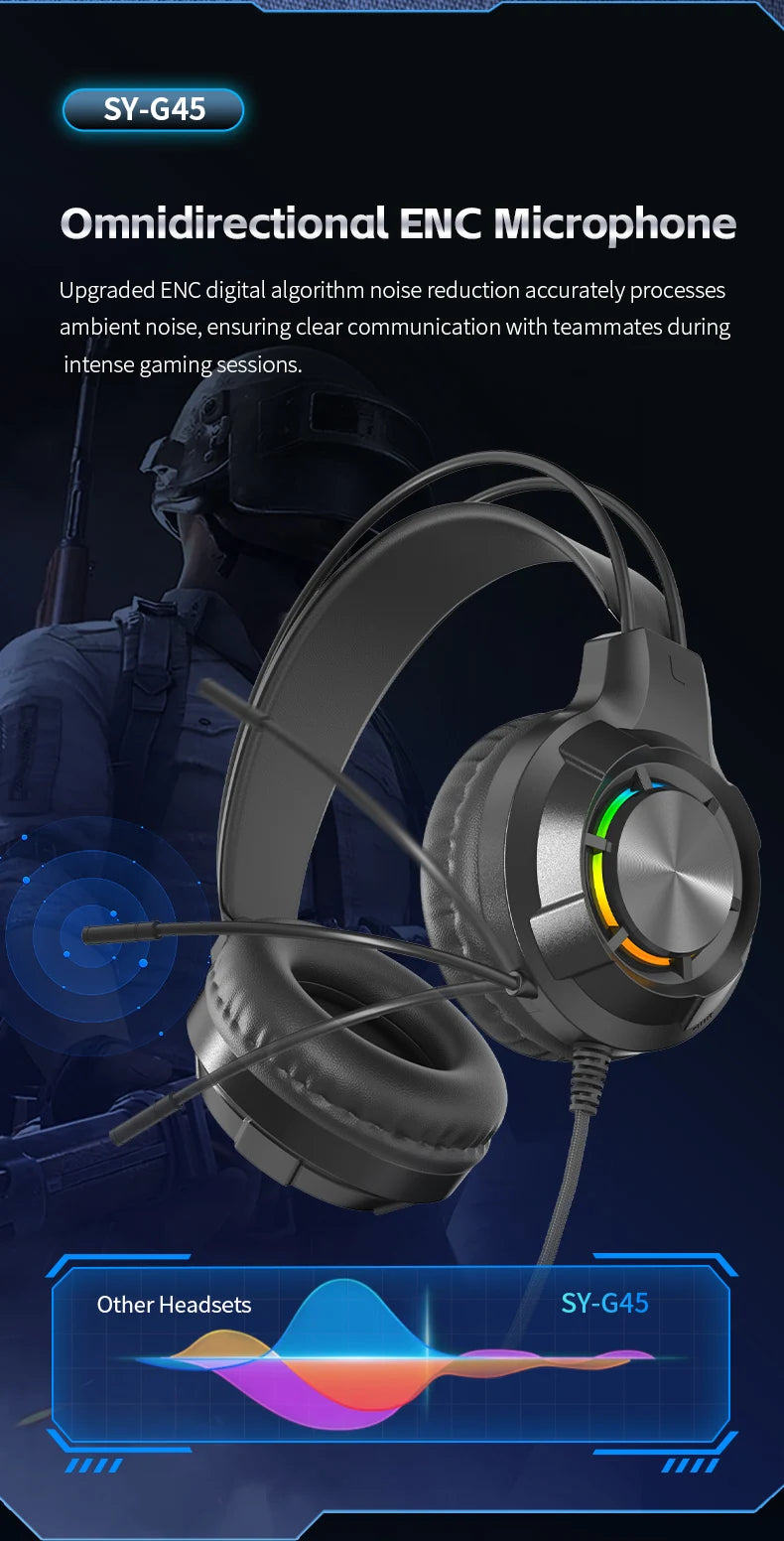 Over-Ear Gaming Headphone 7.1 Surround Sound ENC Noise Cancelling Mic RGB LED Wired Headset for PC PS4 PS5 Xbox Laptop Desktop