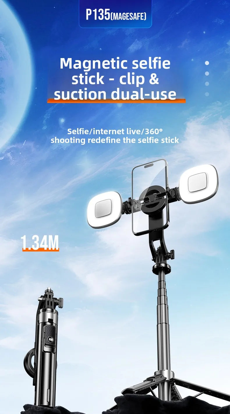 P135 Magnetic Bluetooth Selfie Stick Tripod, Universal Phone Floor Stand with 4-Leg Stable Base, Wireless Remote Photo Shooting,