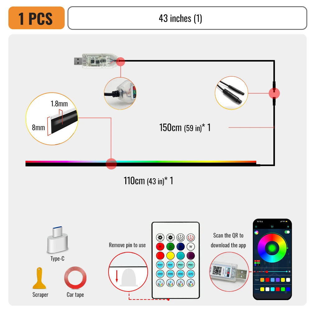 110cm APP Control Car Ambient Lights LED Interior RGB Symphony Atmosphere Light Acrylic Strips Dashboard Decoration Sunroof