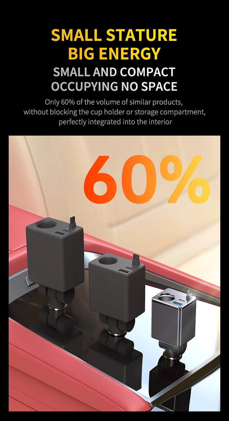 Universal Car Charger 128W Super Fast Charging Cigarette Lighter with Built-In USB-C Retractable Cable for Fast Charging