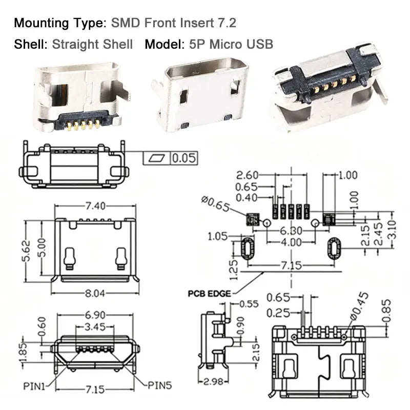 10PCS Micro USB Android Female Charging Socket, Flat Edge Crimped Type, 5Pin, 4 Mounting Pins, SMD & DIP Tail Connector