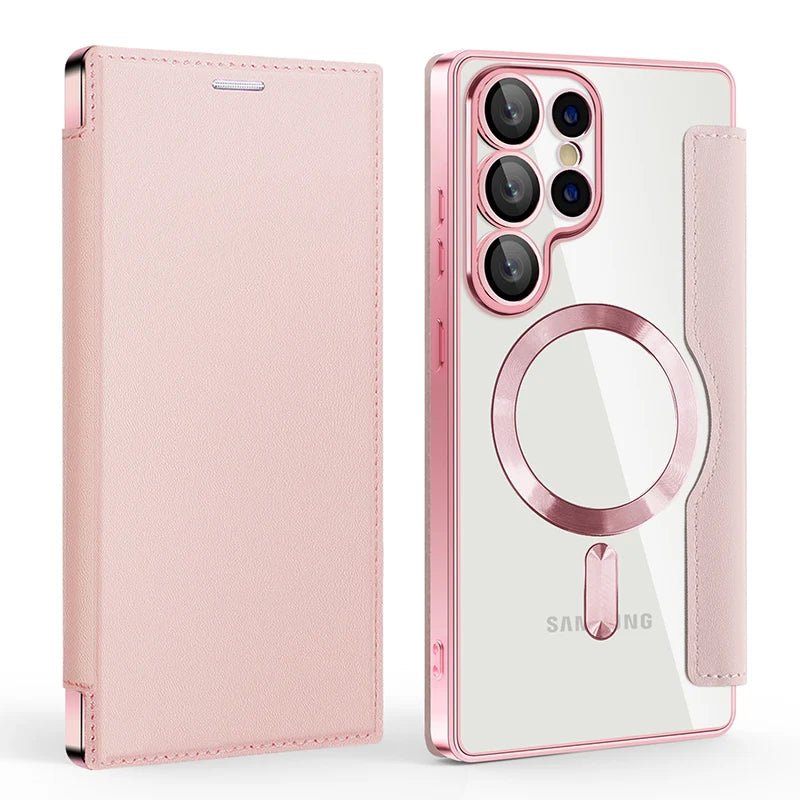 For Magsafe Magnetic Luxury Solid Color Leather Flip Wallet Card Slot Phone Case For Samsung S25 Ultra S23 S22 S24 Ultra Plus