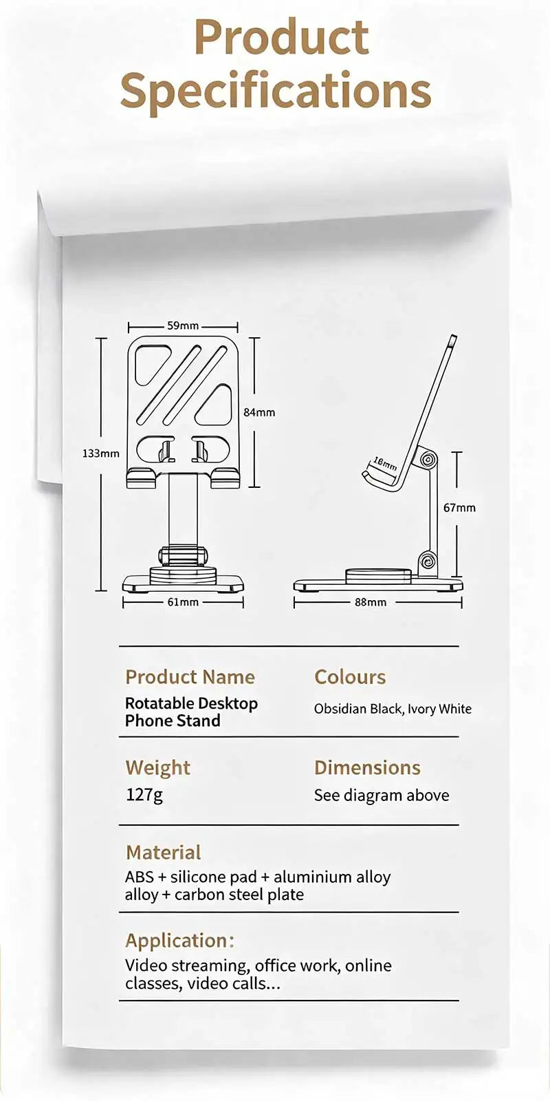 Mobile Phone Stand - Metal Desk Stand - 360° Rotating and Folding Desktop Stand for Easy Storage of Mobile Phones and Tablets