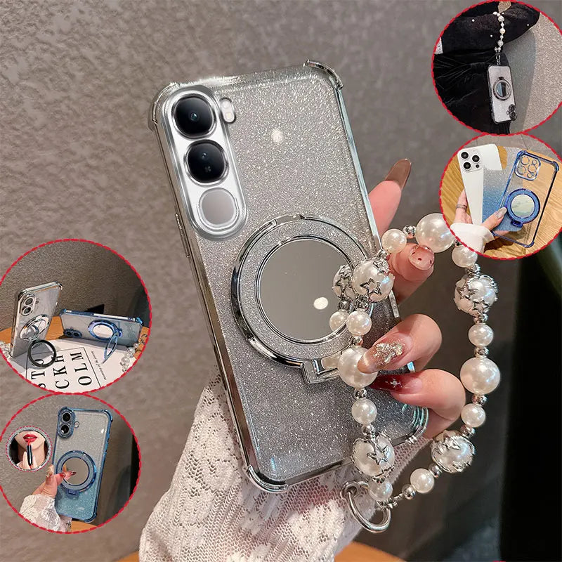 Bling Glitter Lipstick Mirror Stand Phone Case For Vivo Y31 5G Y21D With Pearl Chain Girls Women's Anti-drop Shockproof Cover