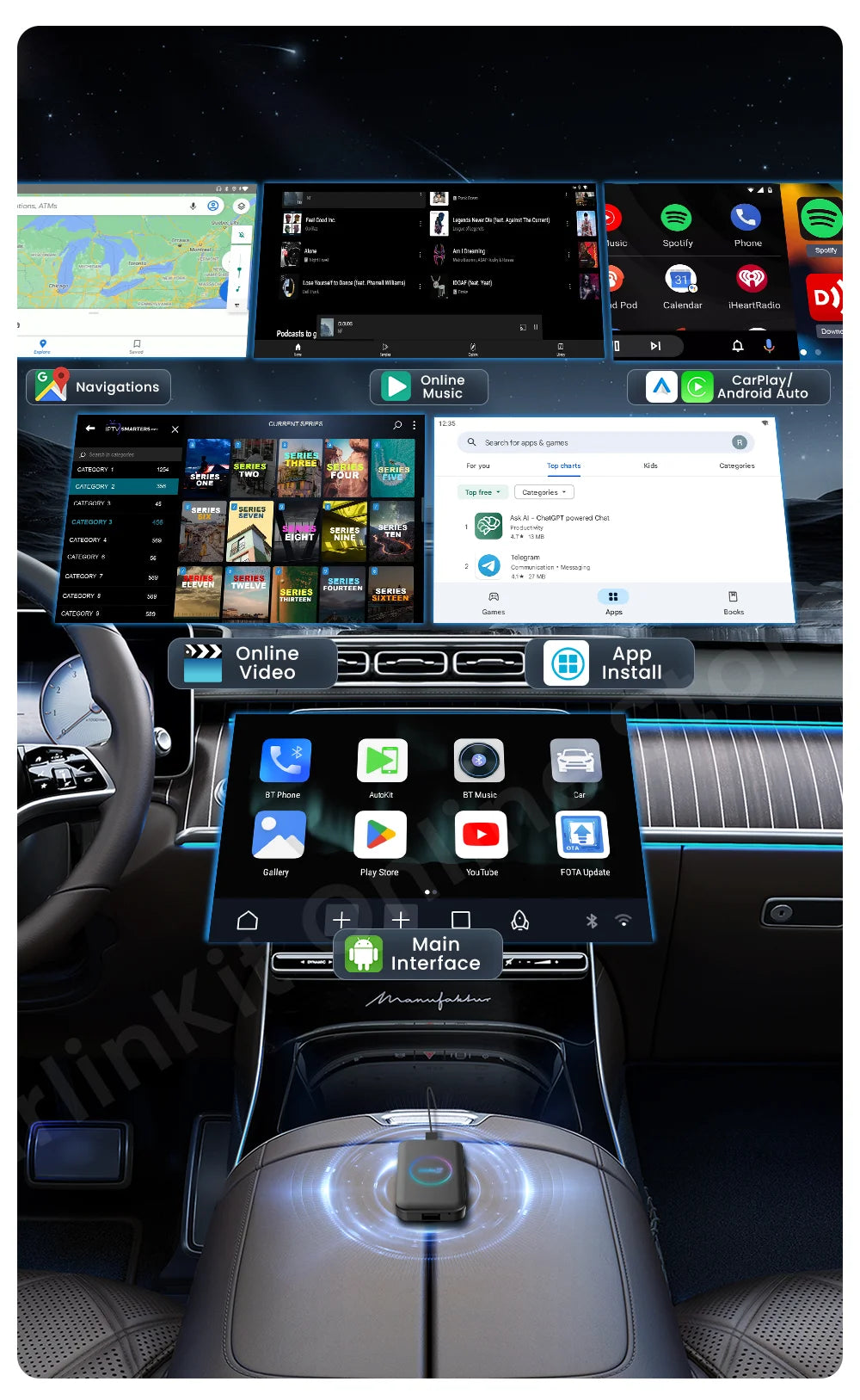 CarlinKit LiteS Android Tv Box Wireless Carplay Android auto Adapter Support Youtube Netfilx IPTV Spotify Car Radios Accessories