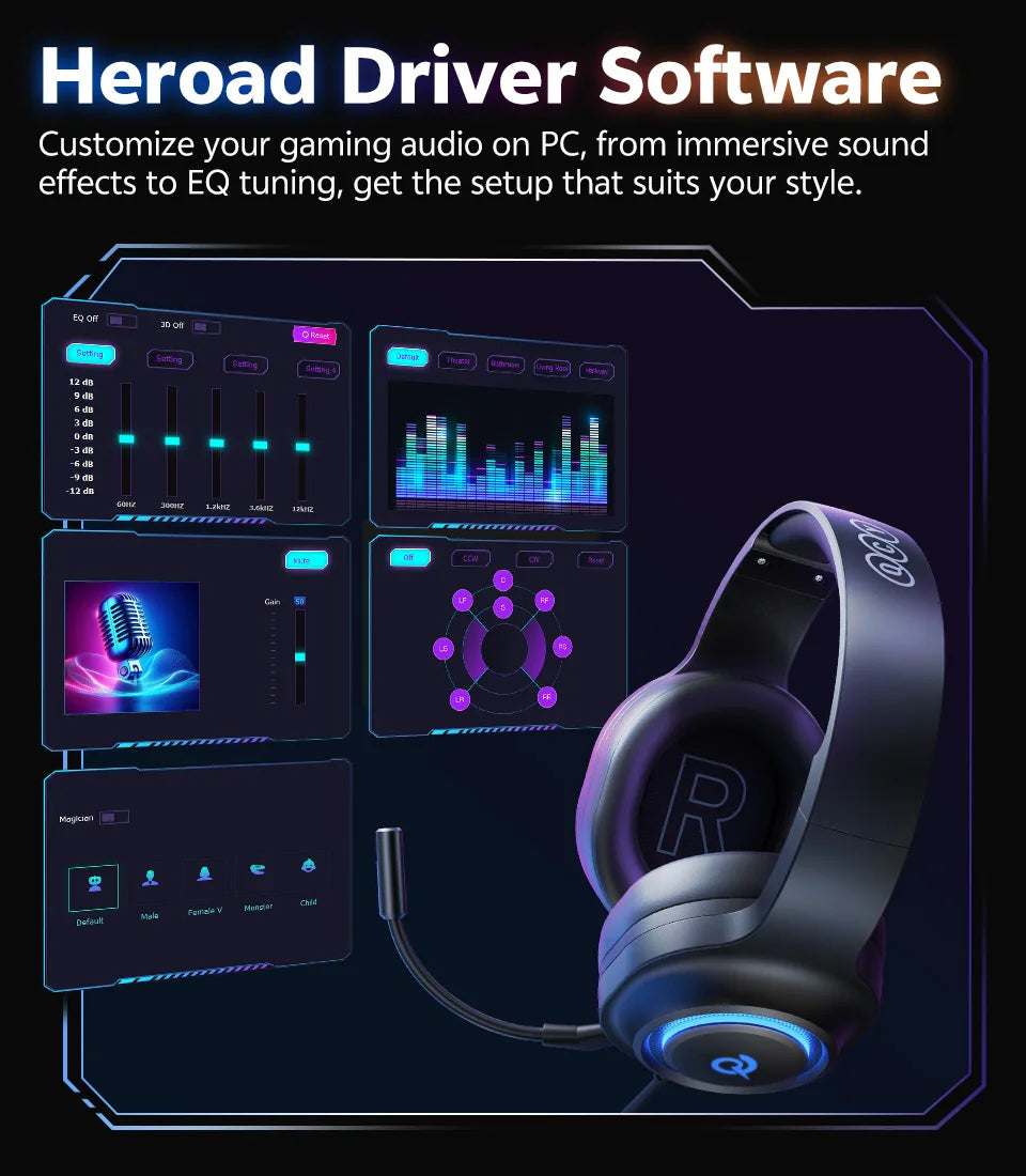 QCY Heroad V200 Over Ear Headphones 50mm Driver 7.1 Surround Sound Headset Wireless Bluetooth 6.0 Earphones for PC Laptop PS4/5