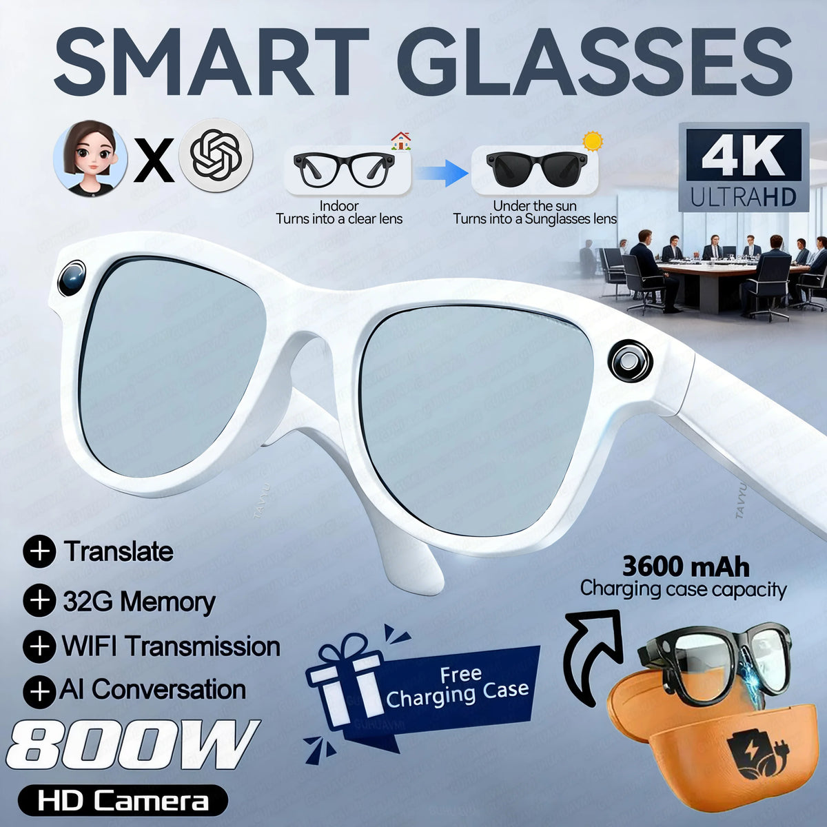2026 New AI Smart Glasses Camera 30MP Photo 1200P Video Bluetooth Music Call WiFi Translation Voice Assistant Sunglasses Vlog HD