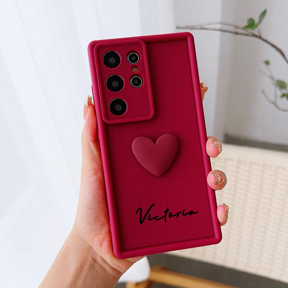 Customized Text 3D Love Heart Case For Samsung Galaxy S20 S21 S22 S23 S24 S25 S26 FE Plus Ultra 5G Luxury Soft Cover
