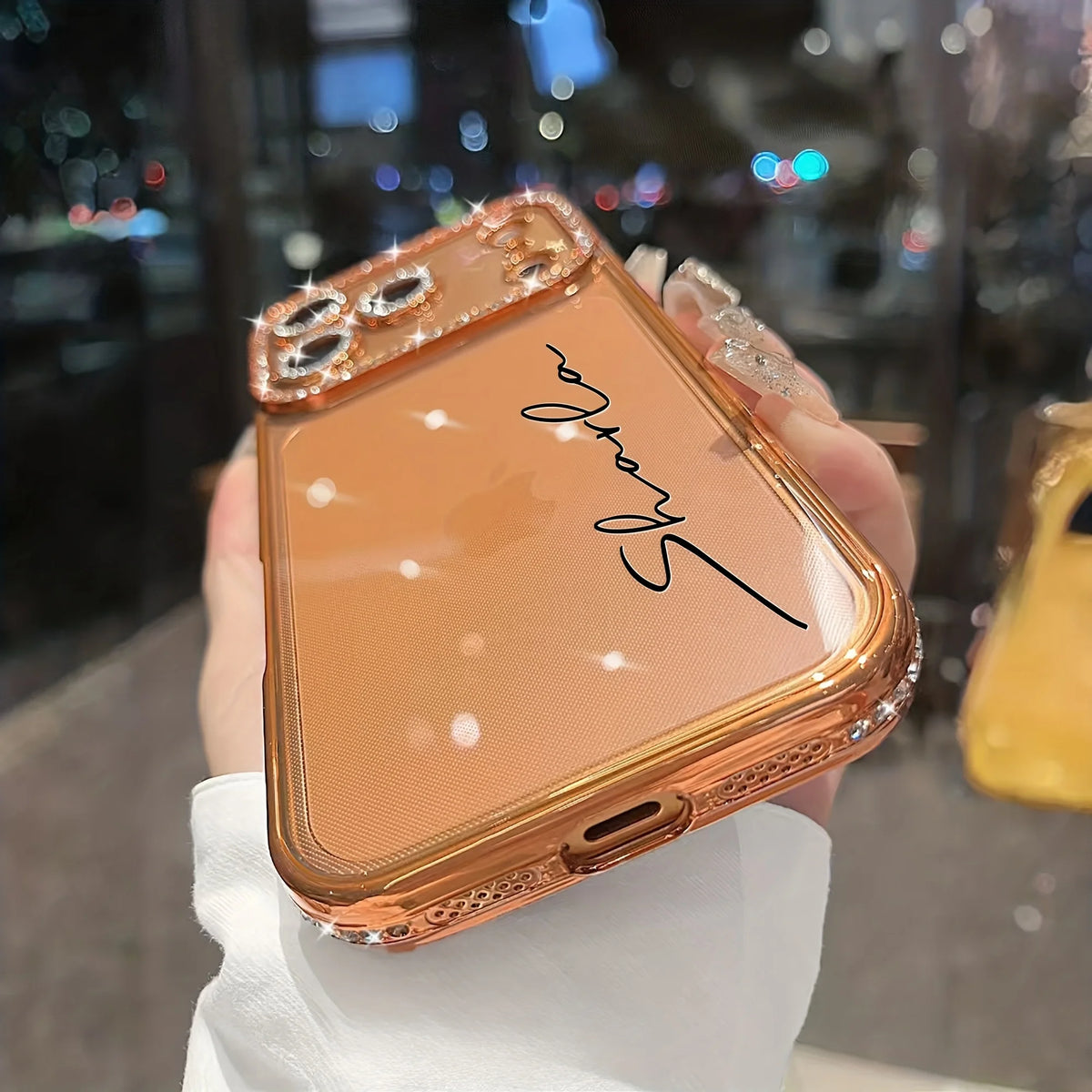  Custom Letters Name Starry Orange Rhinestone Glitter Frame Clear Phone Case For Iphone 13 14 15 16 17 18 Pro Max Air