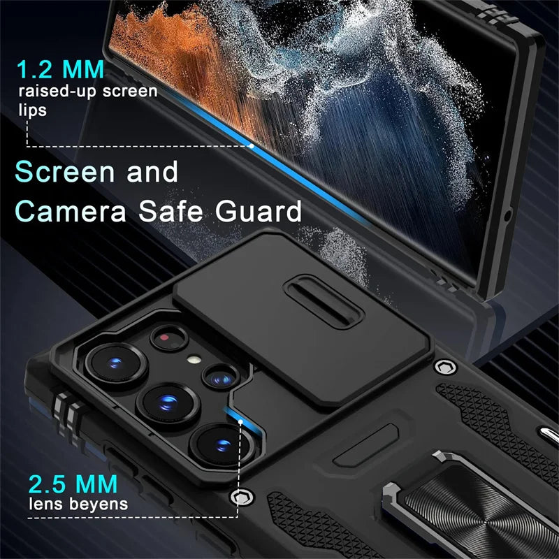 Rotating Ring Stand Slide Camera Lens Military Grade Armor Case For Samsung Galaxy S26 S25 S24 S23 S22 S21 Ultra Plus FE Cover