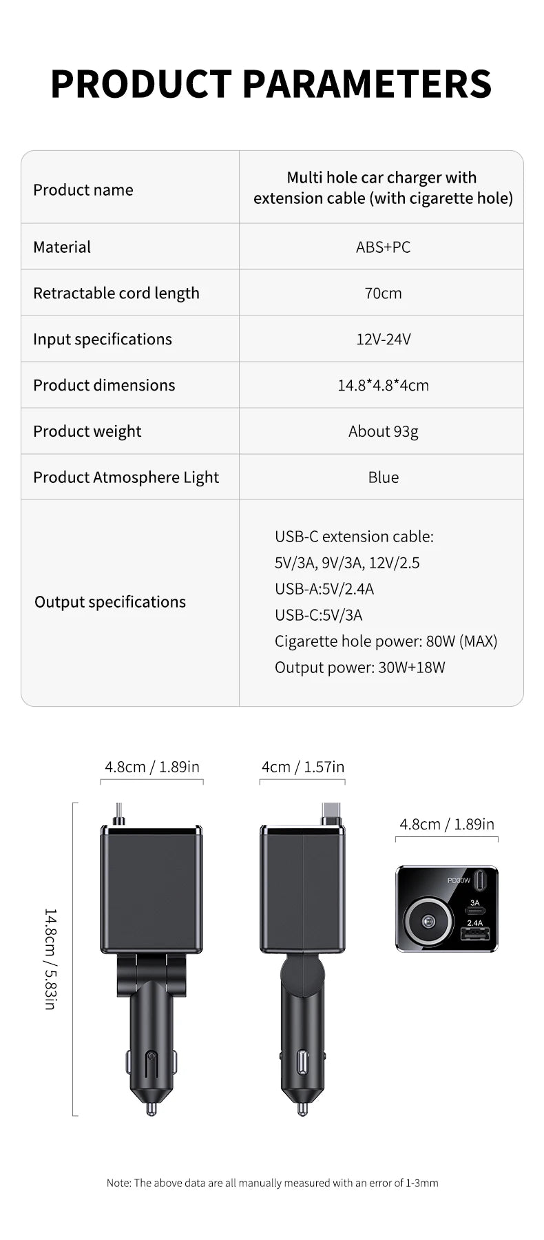 Universal Car Charger 128W Super Fast Charging Cigarette Lighter with Built-In USB-C Retractable Cable for Fast Charging