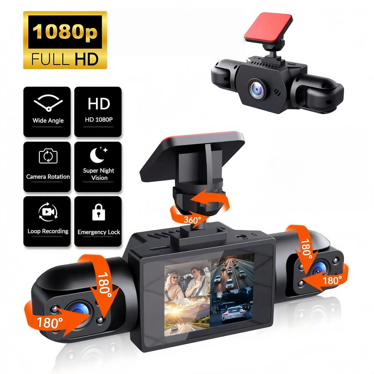 3/4-Lens 360° Panoramic Dash Cam, IR Night Vision, Auto Loop Recording, G-Sensor Motion Detection, 12H/24H Continuous Recording