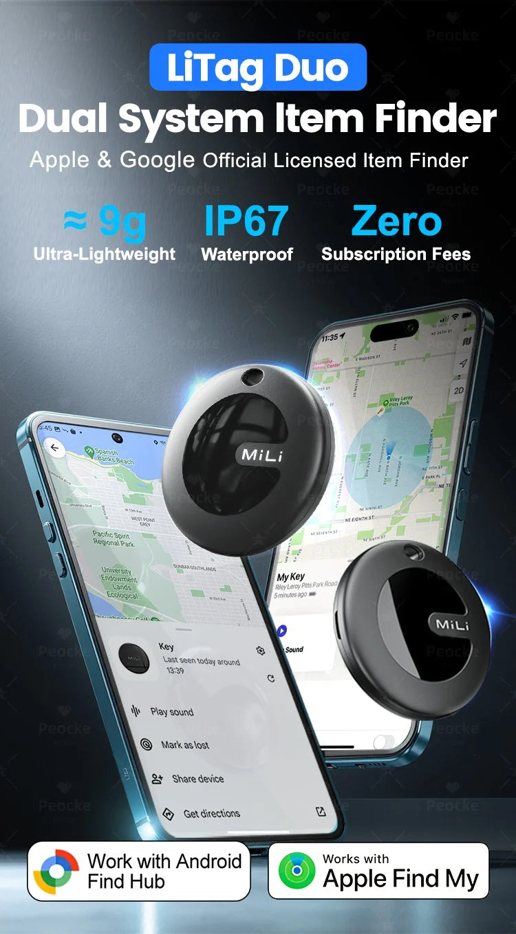 Dual System MiLi MiTag Smart Location Tag Bluetooth GPS Tracker Locator Keys Finder Works With Apple Find My & Google Find Hub