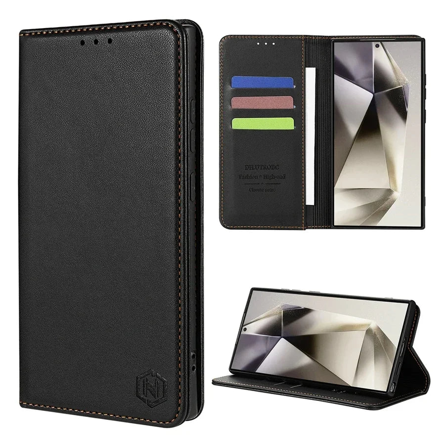 Wallet Skin Friendly Magnetic Slot Flip Leather Case For Samsung Galaxy S26 Ultra S25 Edge S24 FE S23 Plus S22 S21 S20FE S10+