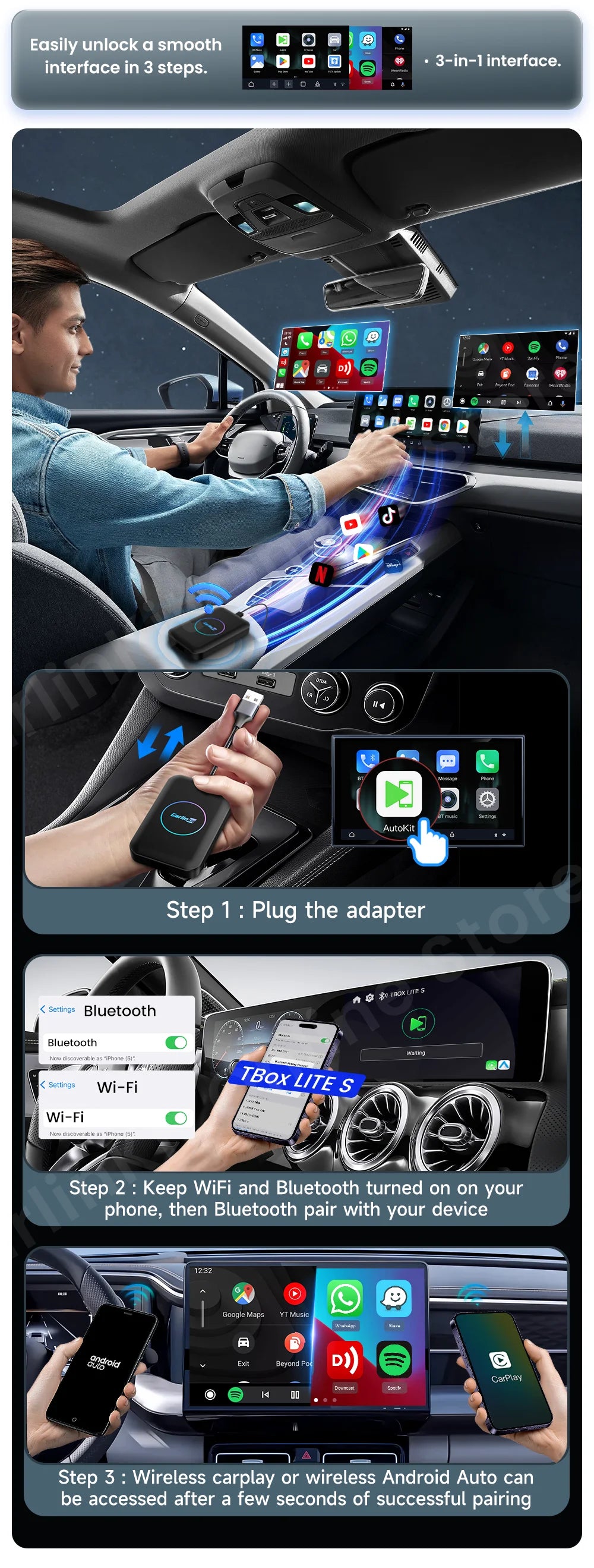 CarlinKit LiteS Android Tv Box Wireless Carplay Android auto Adapter Support Youtube Netfilx IPTV Spotify Car Radios Accessories