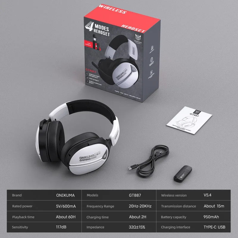 ONIKUMA GT887 Wireless Gaming Headset 4-Mode Bluetooth Headphones Ultra-Low Latency With Mic Wired For PS5 PC Switch Xbox Gamer