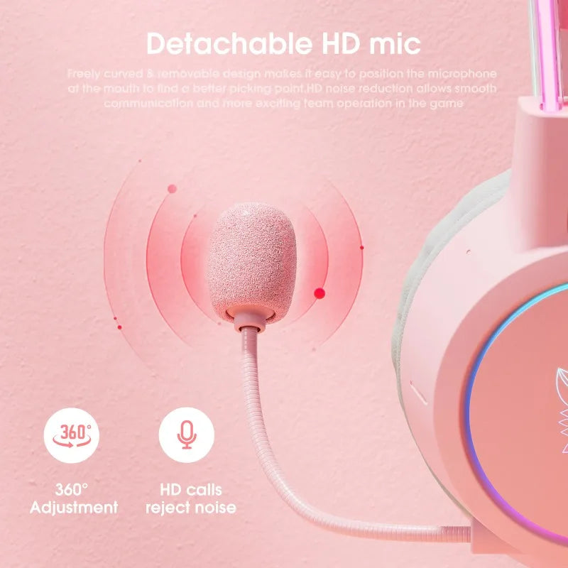 ONIKUMA X15 Pro Pink Cat Ear Gaming Headset Wired RGB Headphones 50MM Driver 3.5MM Stereo Sound Flexible Mic for PC PS4 PS5 Xbox