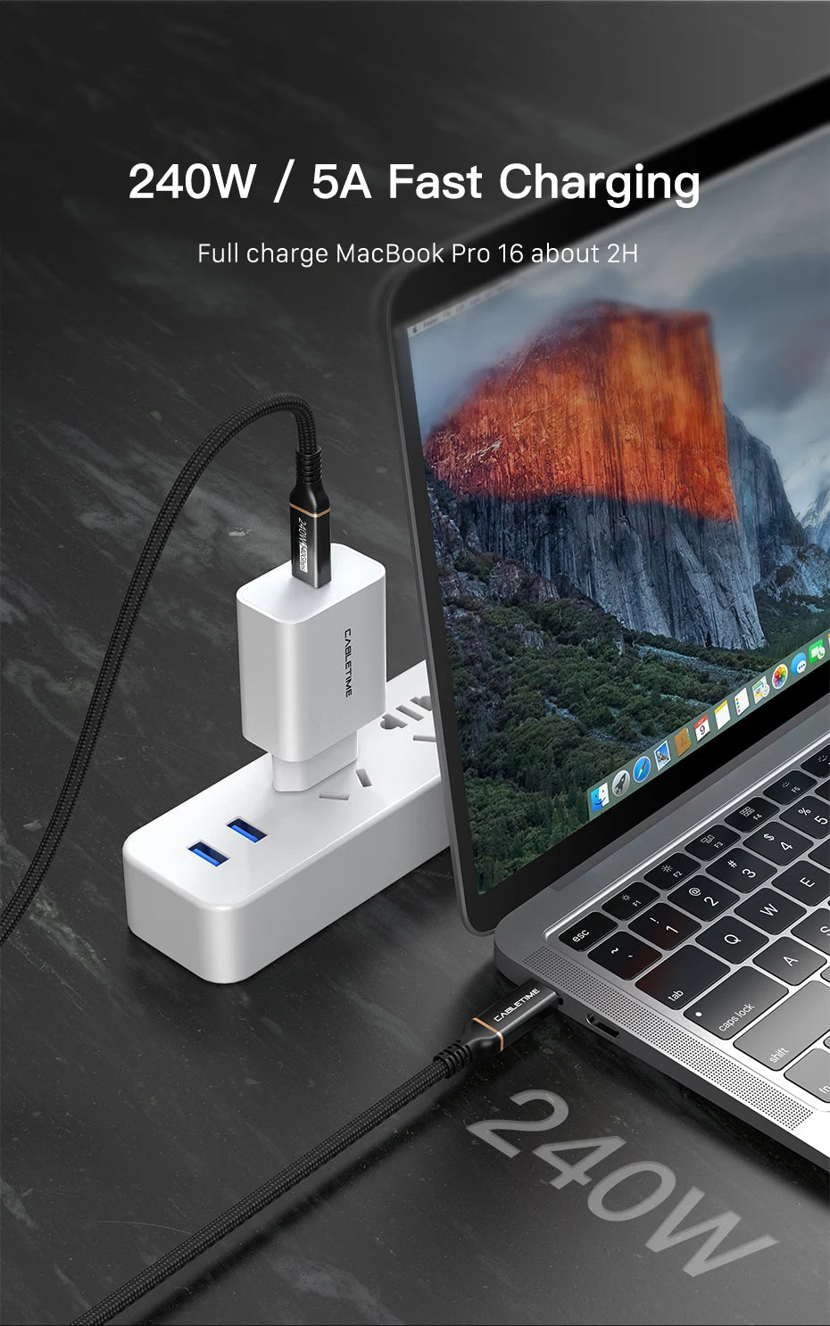 CABLETIME USB C to USB C Cable PD 240W Thunderbolt 4 40Gbps Type C to C 8K 60Hz Cable for Macbook Pro Fast Charge Cable