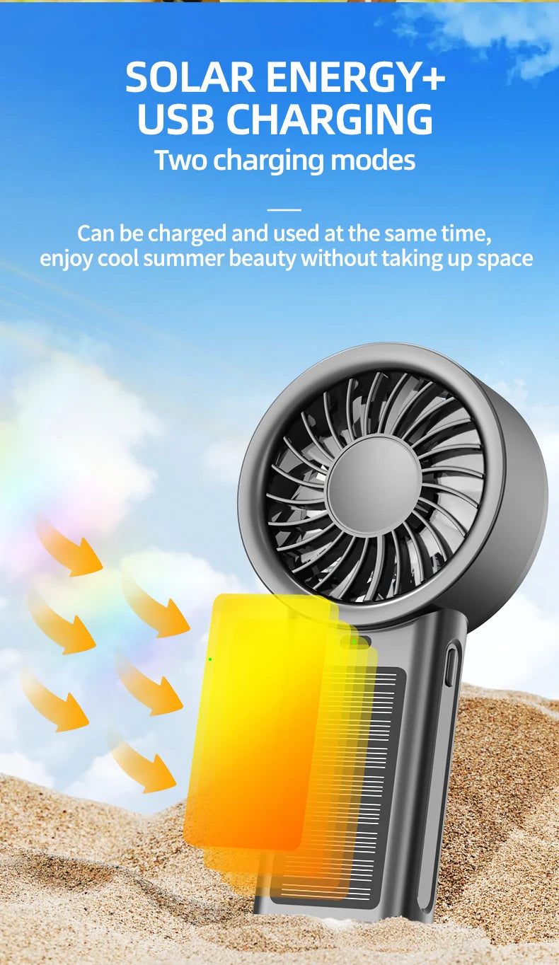 Solar Handheld Fan Small Dekstop Fan USB Light Rechargeable Portable Mini Air Cooling Hand Fan for Outdoor Camping Travel Hiking