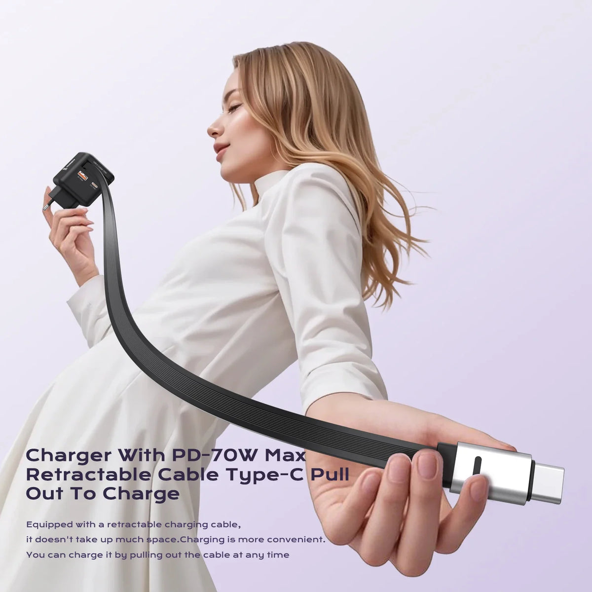 70W GaN Fast Charger with Type-C Retractable Cable 3 IN 1 PD3.0 QC4.0 PPS Fast Charging for IPhone 16 15 14 Xiaomi Tablet Laptop